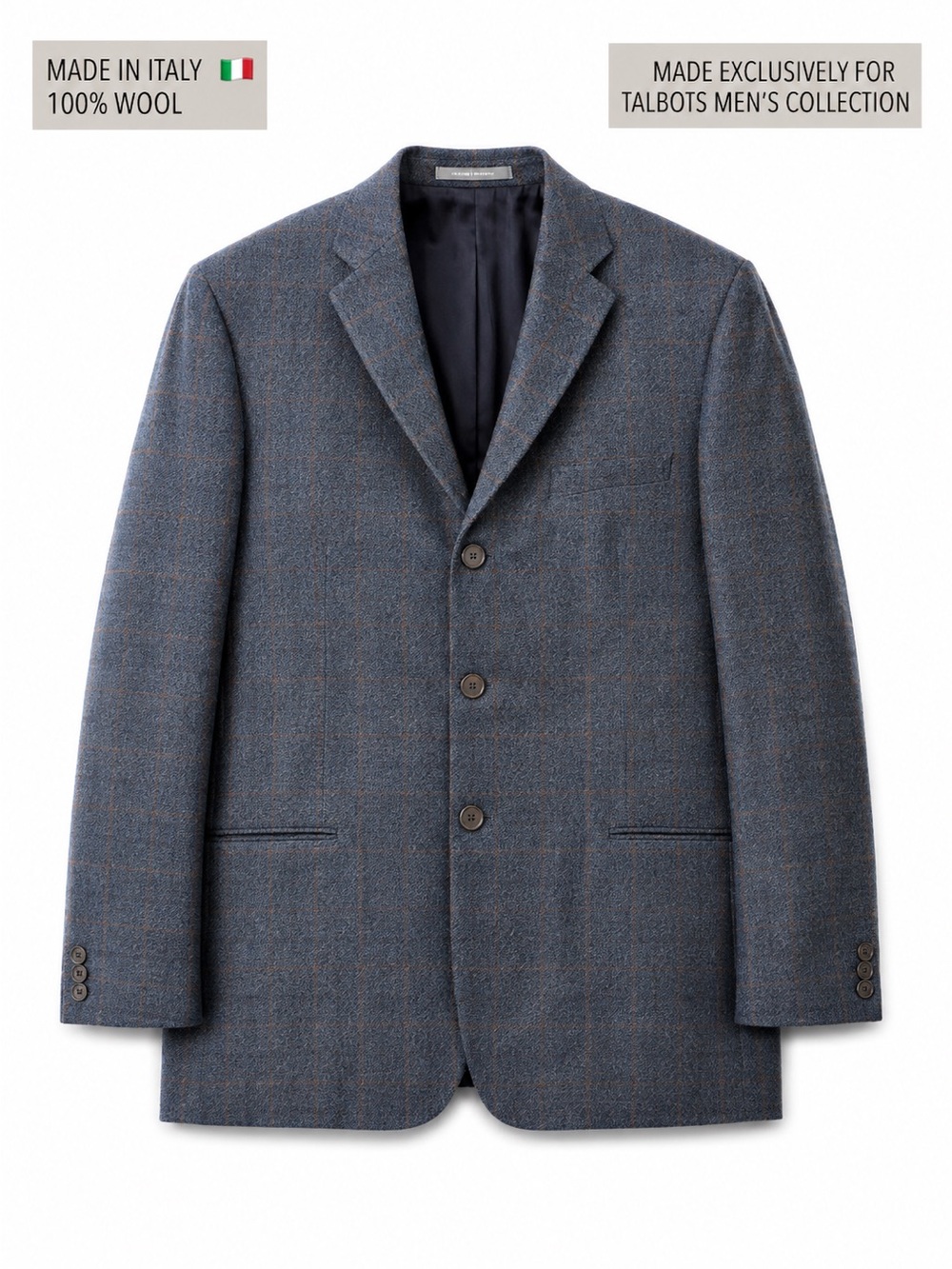 Talbots Men 46R Italian 100% Wool Windowpane Plaid Blazer Sport Coat